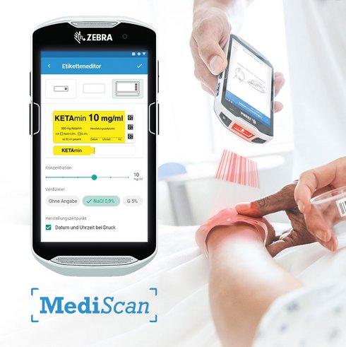 Teaser image with MediScan logo in blue, a handheld RFID device and in the background a patient in a hospital bed whose patient wristband is being scanned