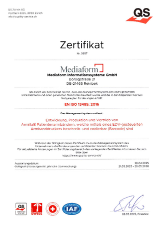 Mediaform Zertifikat EN ISO 13485-2016