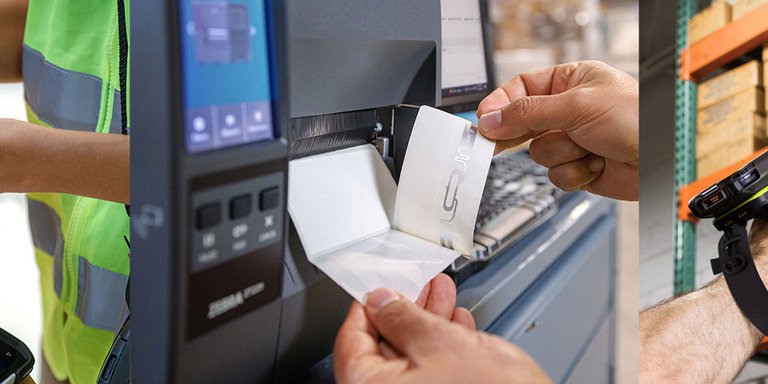 Header image with three application scenarios showing an RFID shipping label, an RFID label printer and an RFID reader in the warehouse