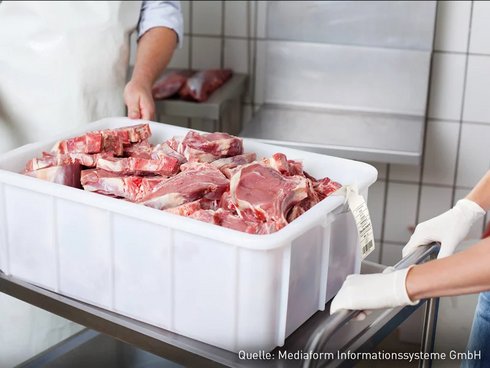 Behältnis mit Fleisch in Lebensmittelverarbeitung