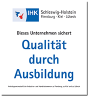 IHK-Logo Schleswig-Holstein mit dem Claim dieses Unternehmen sichert Qualität durch Ausbildung