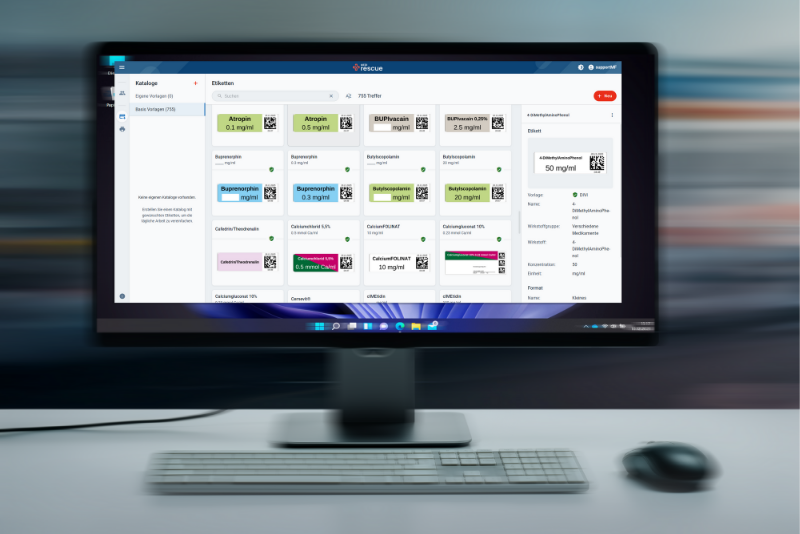 Computerbildschirm zeigt die MEDIrescue-Software mit verschiedenen farbigen Kacheln für Medikamente und Dosierungen.