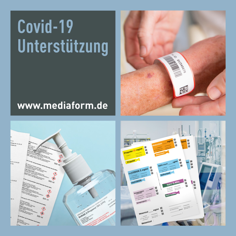Abbildung der neuen Covid-19-Produkte Triage-Patientenarmband, Desinfektionsmitteletiketten und Beatmungsbogen 